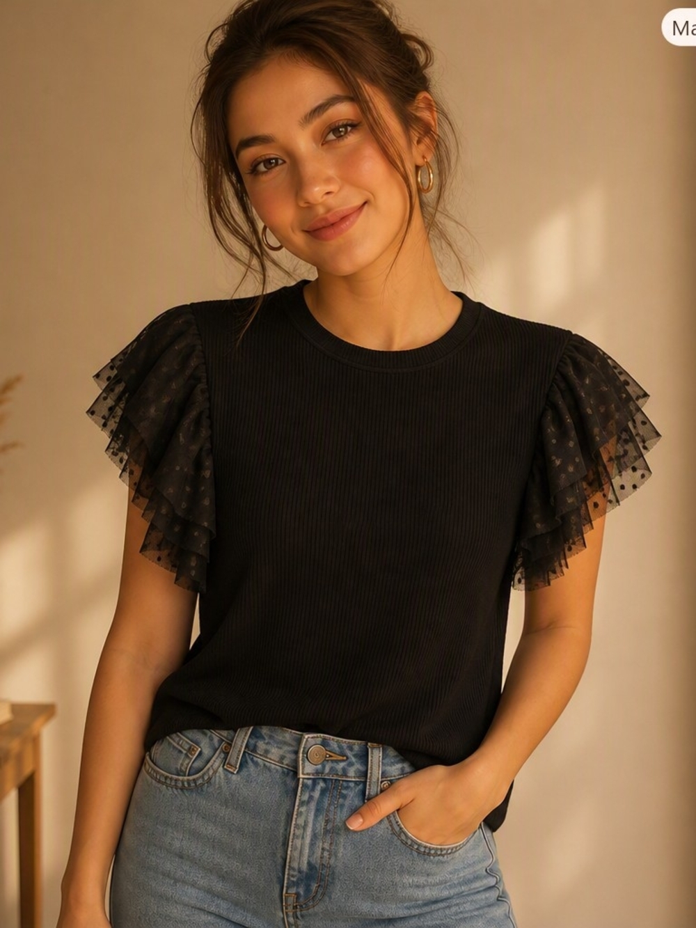 Black Short Sleeve Tee with Layered Dotted Mesh Ruffle Sleeves